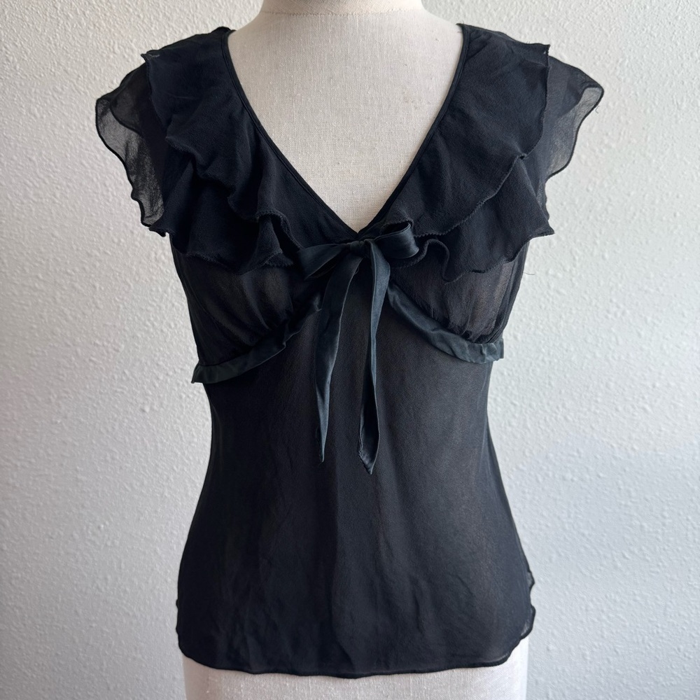 Vintage 100% Silk Sheer Ruffle V Neck Tank Top Bow Y2K